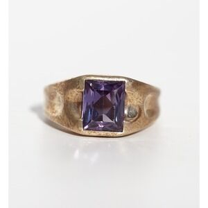 Vintage Men's 10k Solid Yellow Gold Man Made Sapphire Ring - Emerald Cut Size 10